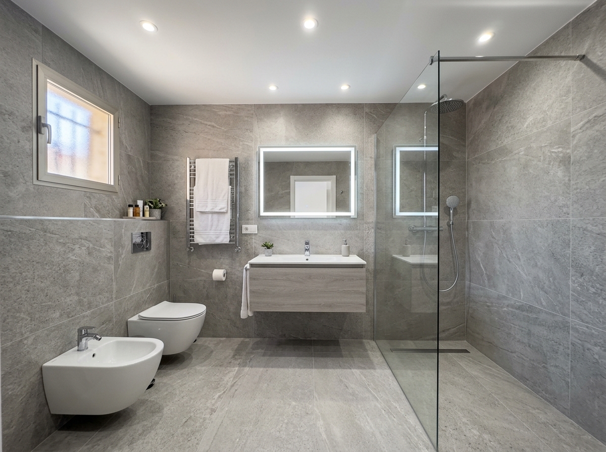 Baño completamente reformado con acabados modernos