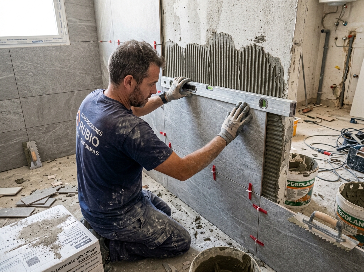 Profesional instalando azulejos con precisión en reforma de baño